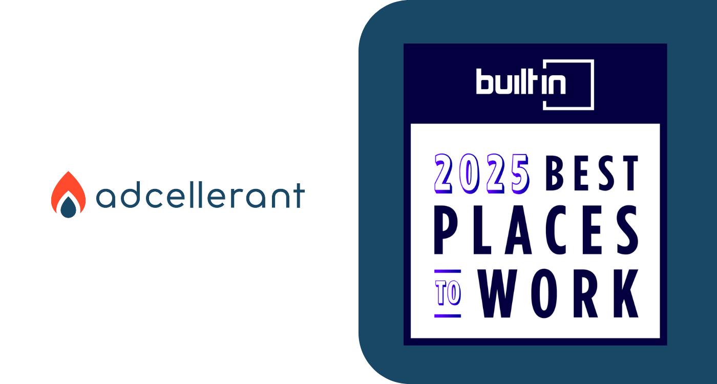 A graphic showcasing AdCellerant as a top workplace amongst Built In's 2025 rankings.