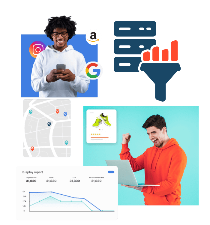 graphics displaying digital marketing services and happy customers